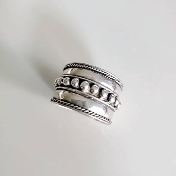 Concave Ring, Sterling Silver Ring, Beaded Wide Band Ring, Thin Lightweight - Picture 2 of 6